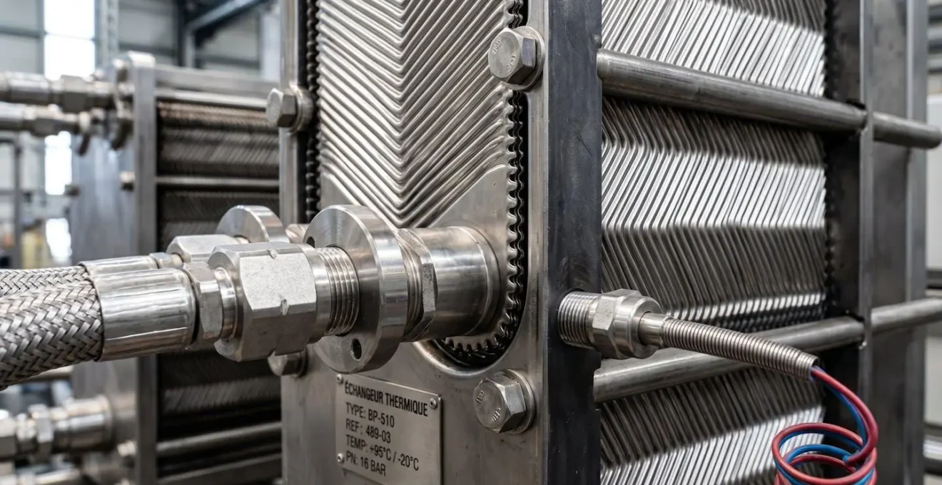 Détail rapproché de plaques d'échangeur thermique en acier inoxydable avec sonde de température montée et raccords de connexion visibles