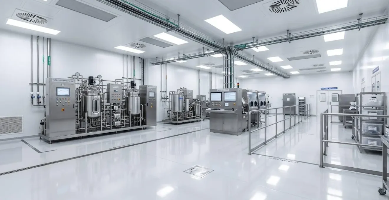 Salle de production biotechnologique contemporaine avec murs blancs, équipements en acier inoxydable et système de ventilation au plafond