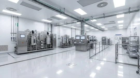 Salle de production biotechnologique contemporaine avec murs blancs, équipements en acier inoxydable et système de ventilation au plafond