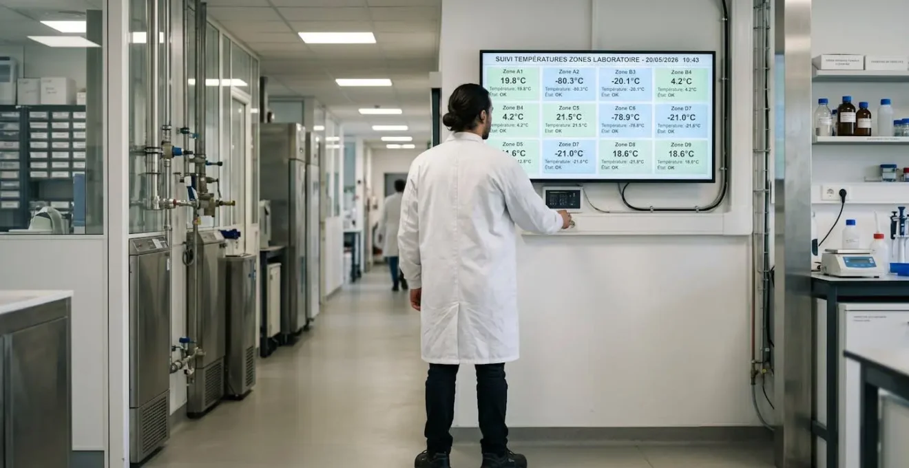 Technicien de laboratoire en blouse blanche vu de dos, consultant un tableau de monitoring thermique mural affichant plusieurs zones de température